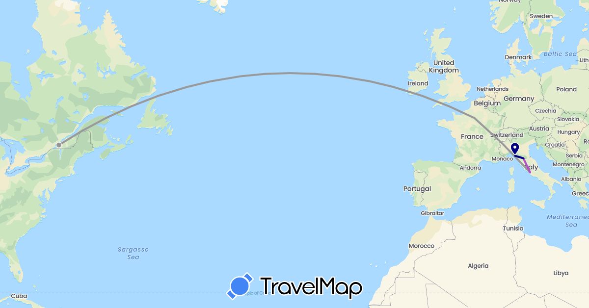 TravelMap itinerary: driving, plane, train in Canada, France, Italy (Europe, North America)